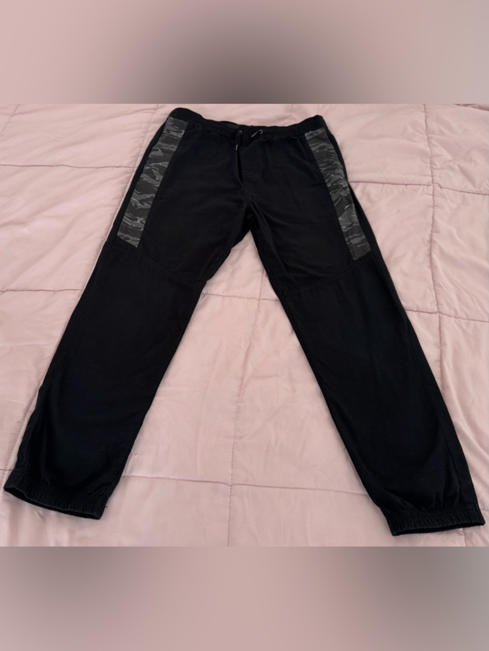 Plugg boys Black Jogger Pants with Camouflage Trim, size L pull on pockets